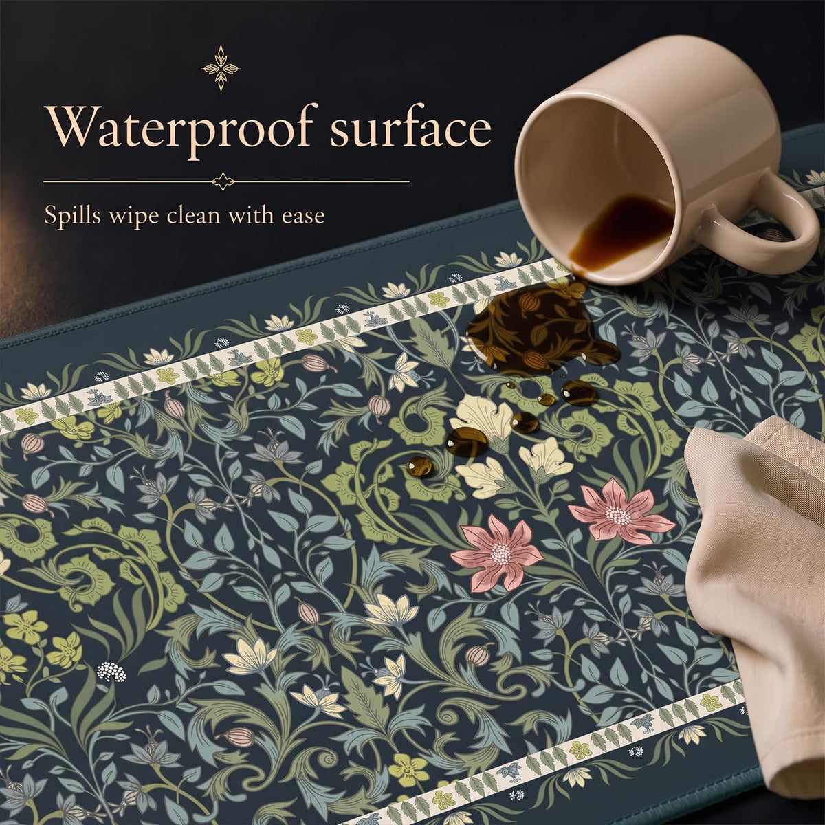 William Morris Inspired Desk Mat (Black & Green / 35.4" x 15.7")