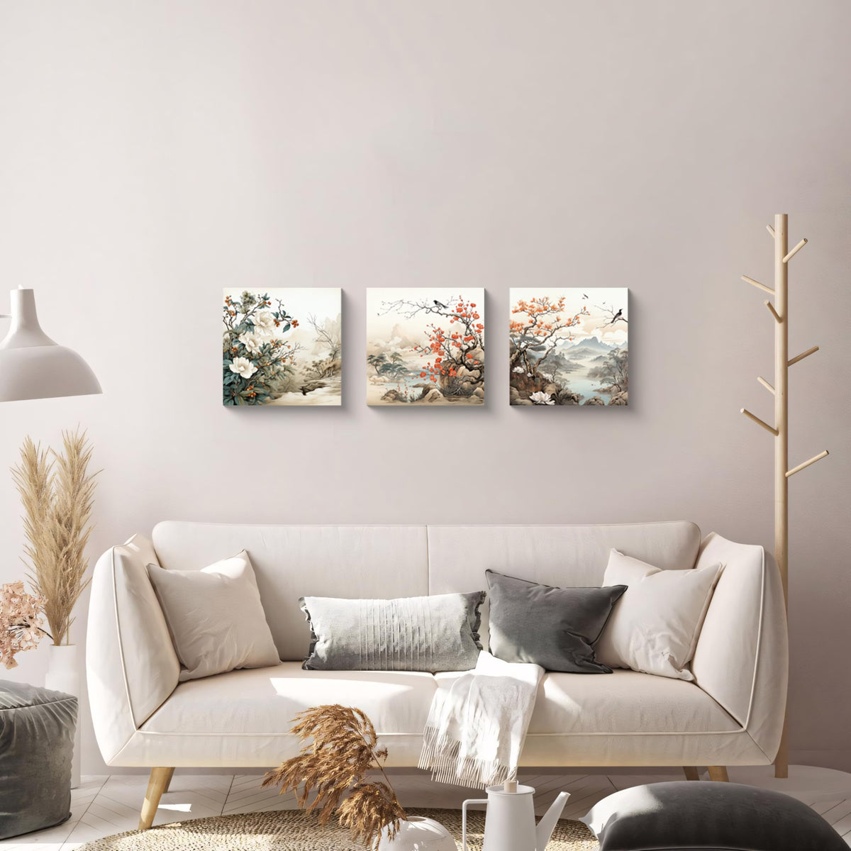 Traditional Chinese Decor Oriental Flowers Birds Canvas Wall Art for Bedroom Floral Wall Decor Framed Artwork Vintage Prints Paintings for Bathroom Kitchen Decorations (Flower and Birds / 12x12 inches (3 pieces))