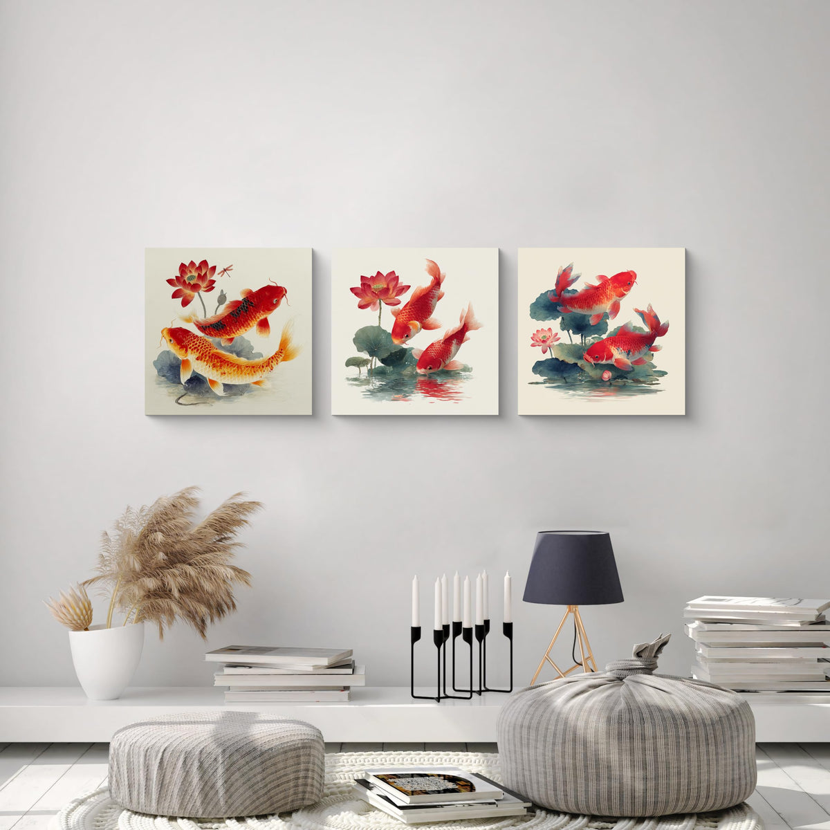 3Pcs Japanese Koi Fish Lotus Flower Wall Art Red Watercolor Zen Canvas Prints for Living Room Feng Shui Good Luck Animal Pictures Asian Oriental Floral Artwork Decor Ready to Hang (Zen Koi Canvas / 12x12inchx3)