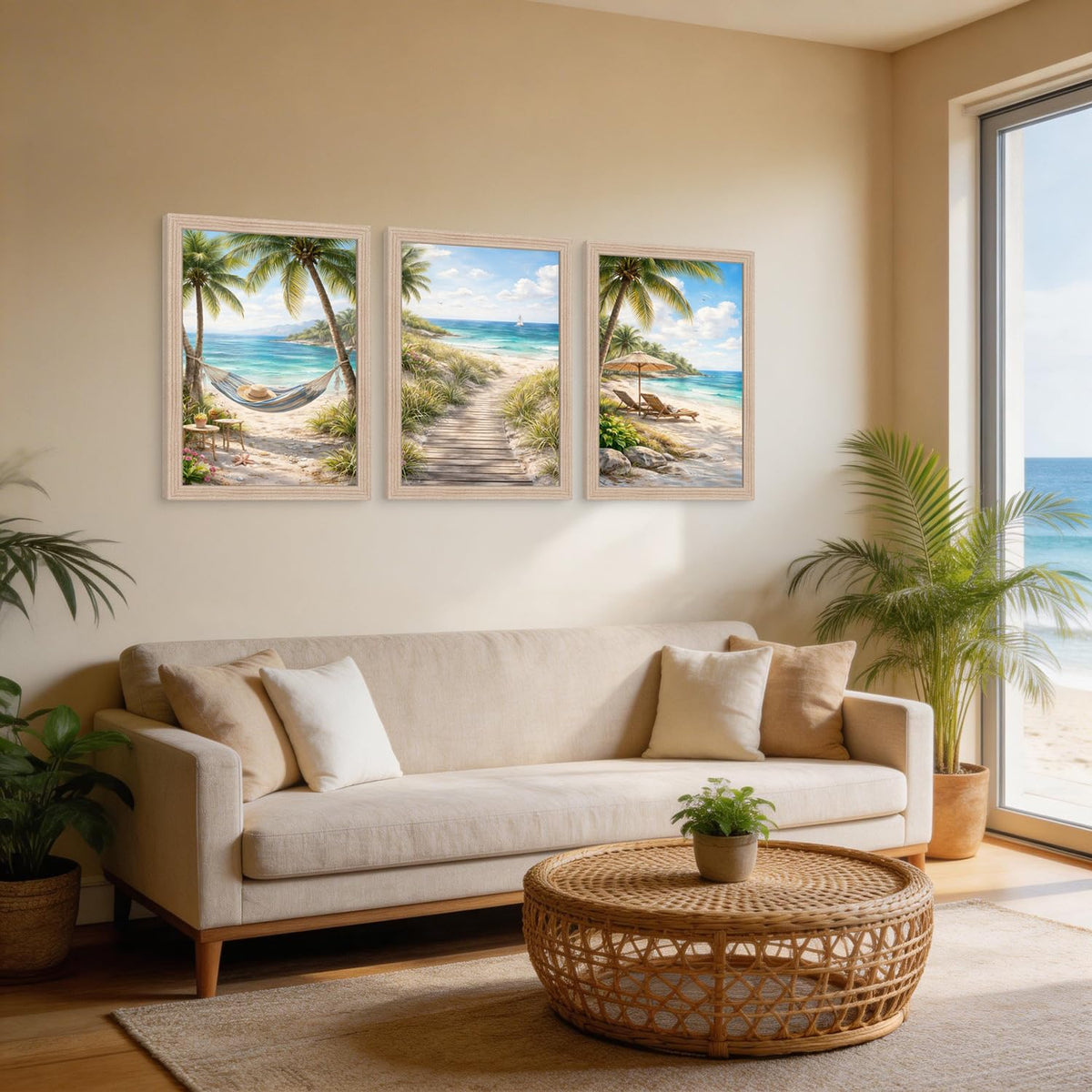 3Pcs Framed Beach Themed Art Canvas Painting Coastal Poster Ocean Image Tropical Palm Tree Print Seaside Gallery Wall Decoration Living Room Bedroom Bathroom 12x16 Inches Ready To Hang (Beach Scenery - 1 / 12x16in)