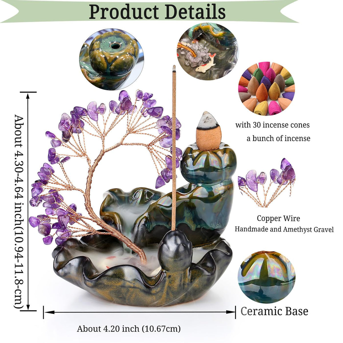 Incense Holder Ceramic Backflow Incense Waterfall Burner Amethyst Crystal Tree with 30 Burner Incense Cones for Room Home Zen Decor Meditation (Amethyst)