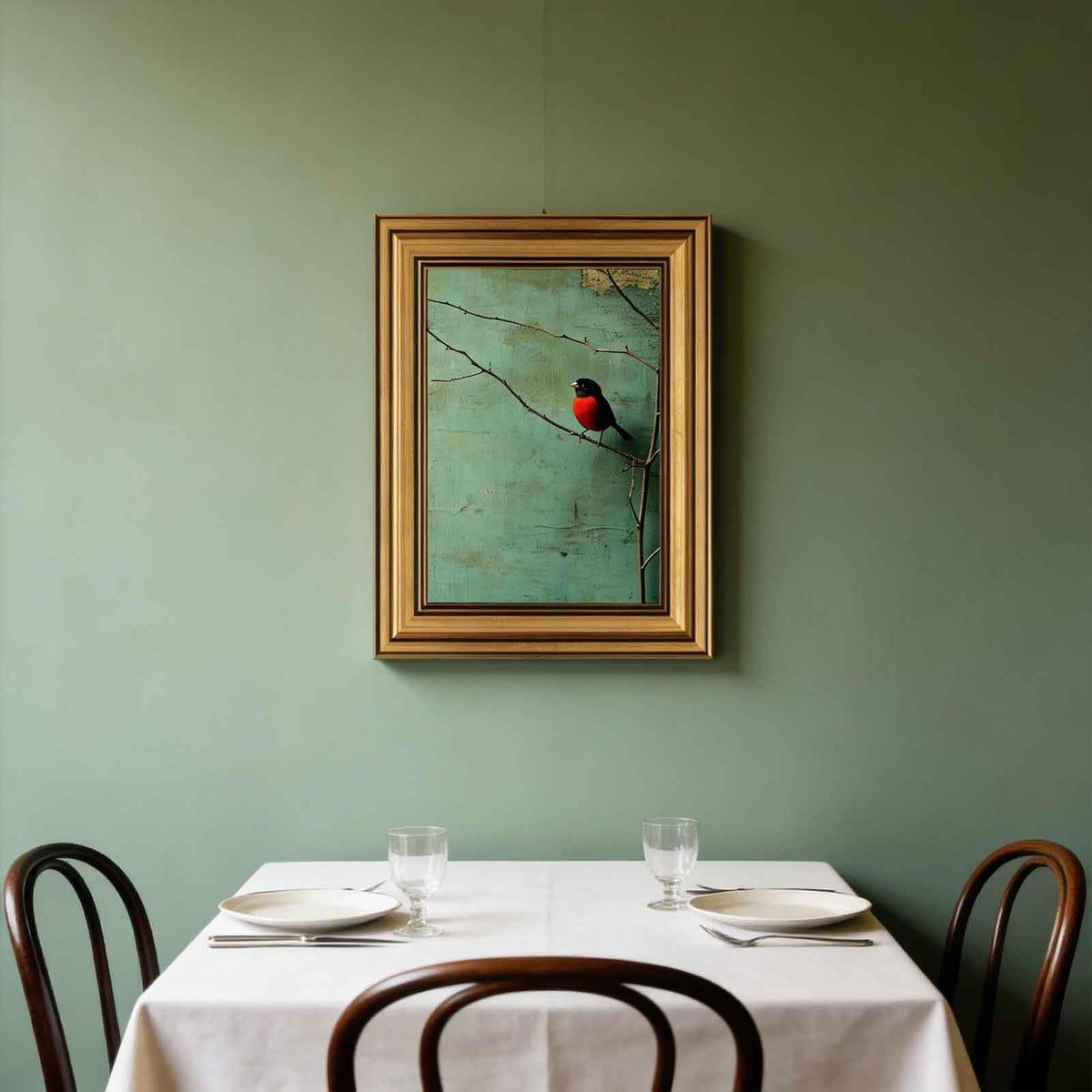 Large Red Bellied Bird Canvas Wall Art Framed Blue Green Sparrow Crow Decor Picture Vintage Rural Pastoral Bird Bedroom Living Poster Prints for Study Office Corridor Room Home Decoration (bird / 36"L x 24"W)