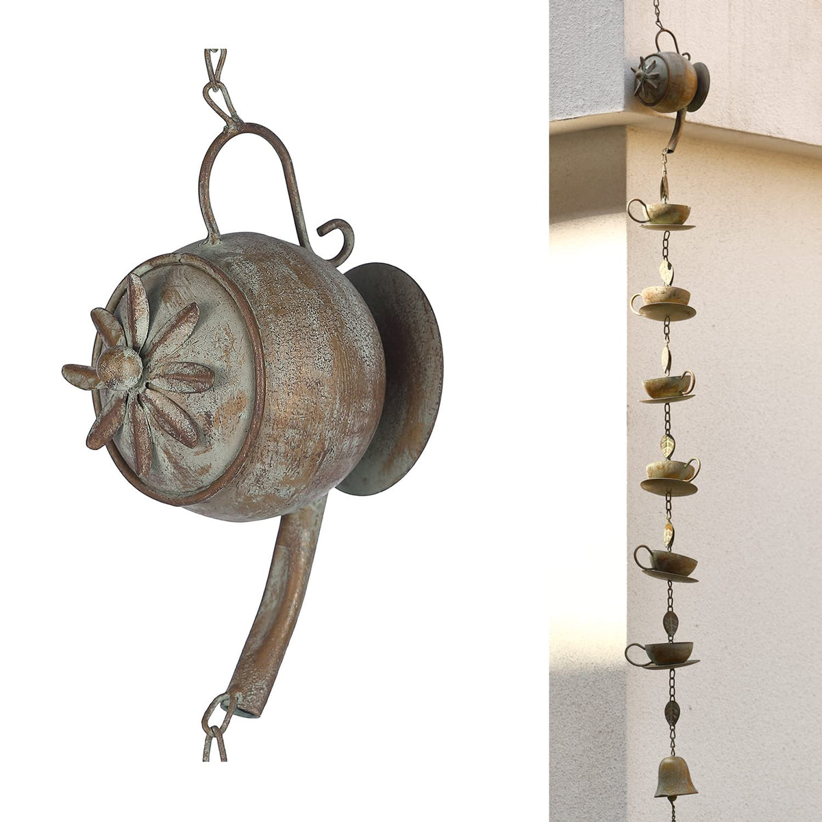 60" Teapot Wind Chime & Rain Chain with Bell (5 Ft Rain Chime)