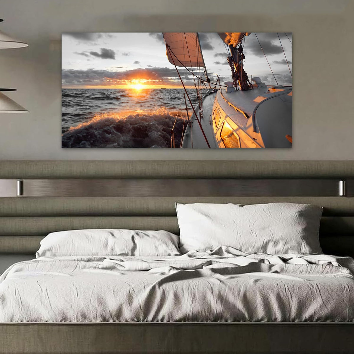 Large Pictures Living Room Coastal Wall Art Black and White Beach Painting Boat Sunset Wall Art Bedroom Ocean Poster Decor sailboat Canvas Prints Sailing Office Artwork Framed Home Decor (AboaS / 60"L x 30"W)