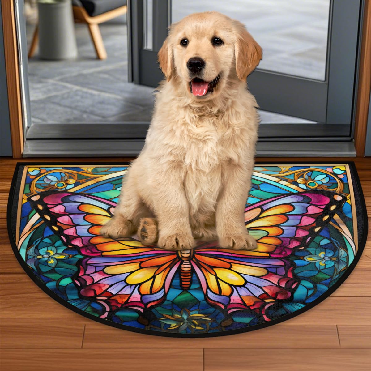 Half Round Doormat Butterfly Glass Semi Circle Rug Non Slip Indoor Outdoor Entrance Half Moon Rug Washable Front Floor Mat for Kitchen Bathroom Patio Fireplace Holiday Decor (A05:glass Butterfly)