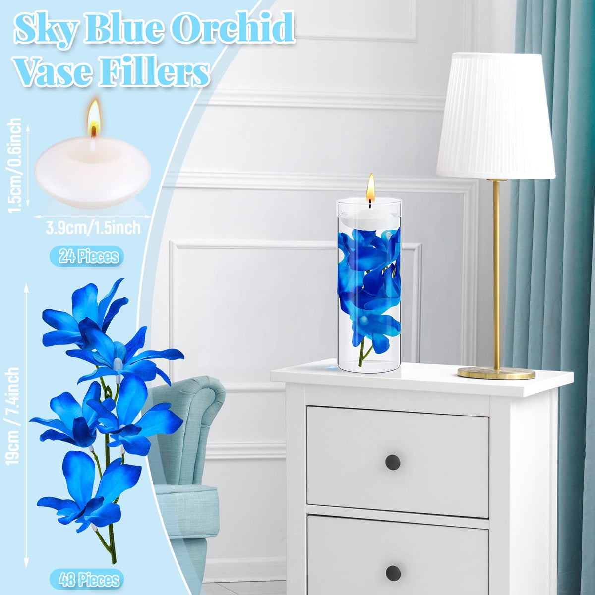42 Pcs Blue Orchids Artificial Flowers Floating Candles Set
