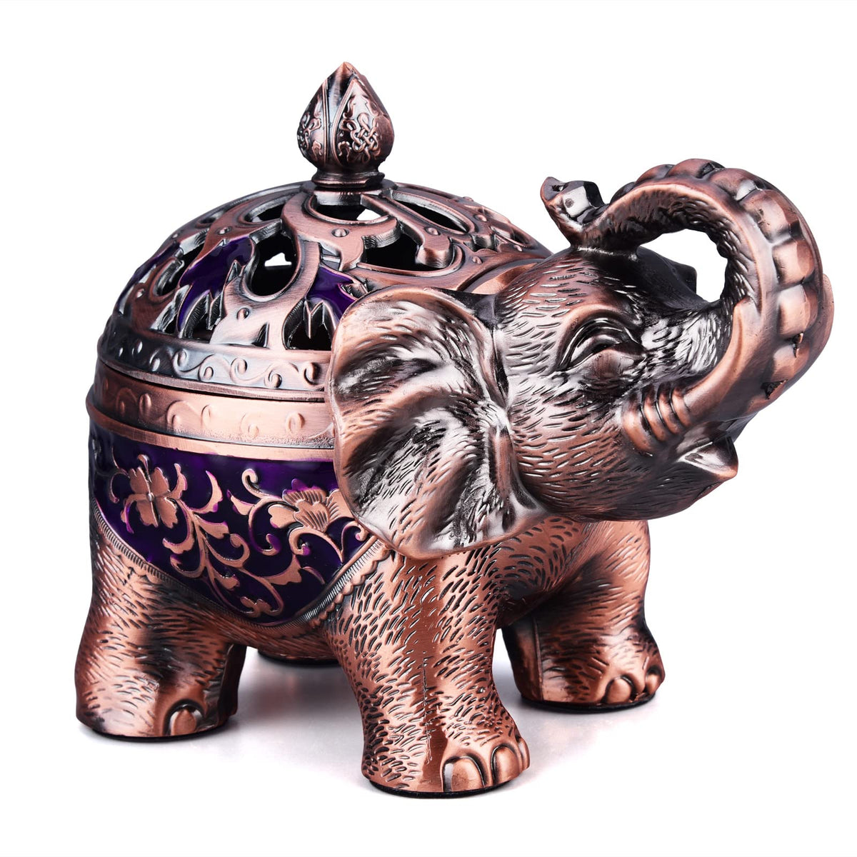 Metal Backflow Incense Holder Elephant Cone Incense Burner Candle Holder with Lid (Purple)