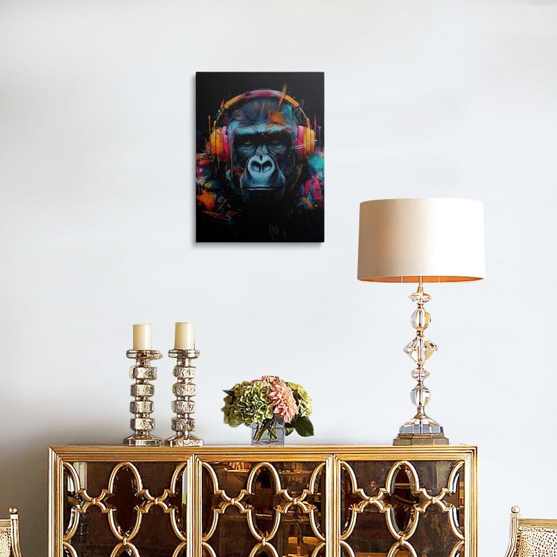 Urban Pop Art Gorilla Canvas Wall Art Framed Print Poster Graffiti Style with Colorful Headphones Neon Splash Bold Contemporary Wall Decor Artwork for Gaming Room Men 16x24 Inches (gorilla / 24"L x 16"W)