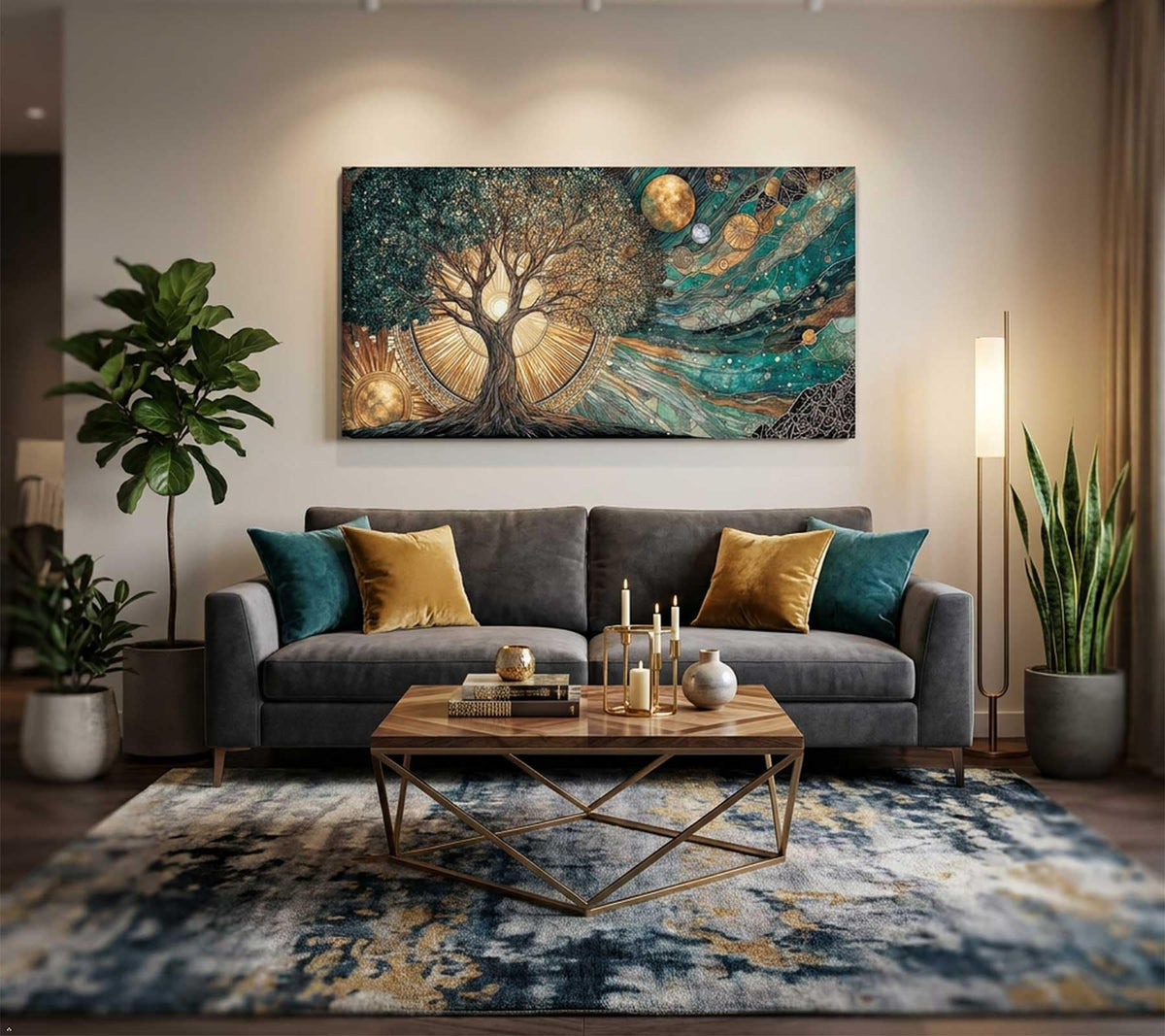 Large Frame Tree of Life Canvas Wall Art Sun and Moon Cosmic Picture Wall Decor Celestial Tree of Life Poster Print for Meditation Corner Yoga Room Living room Bedroom Home Decoration 40x20in (Cosmic Tree of Life / 40"L x 20"W)