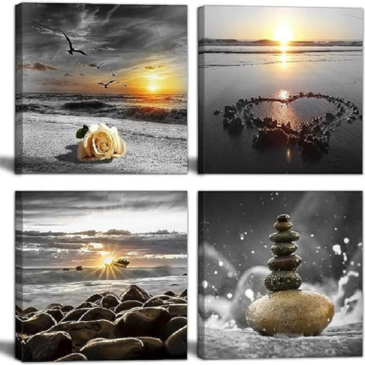 Beach Wall Art Canvas Zen Prints Art Black and White Wall Decor Gold Sea Sunset Seascape Wall Pictures Ocean Sunrise Love Painting for Living Room Bathroom Decor Home Decoration Framed (Ablack and white2 / 12"x12"inchesx4Pcs)