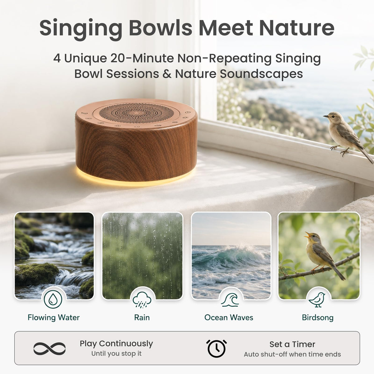 Tibetan Singing Bowl Sound Machine (Brown Wood)