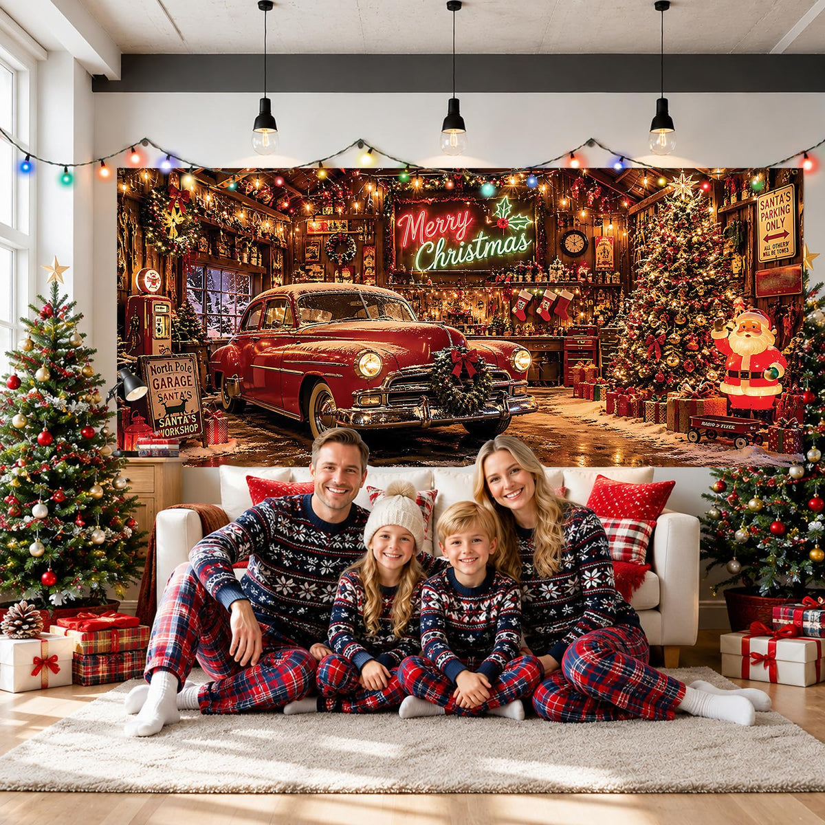 Christmas Nostalgic Garage Door Cover Banner Vintage Car Xmas Backdrop (Christmas Car)
