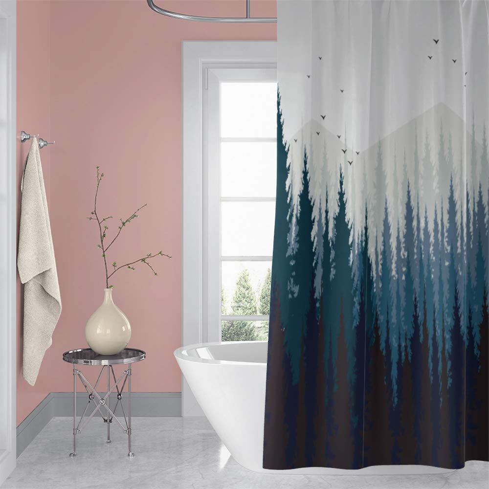65x72inch Misty Forest Shower Curtain Fantasy Foggy Pine Tree Birds Landscape Woodland Natural Rustic Camper Bath Curtain Waterproof Fabric Polyester for Modern Home Bathroom Decor with Hooks (65"W x 72"L (Pack of 1) / Blue)
