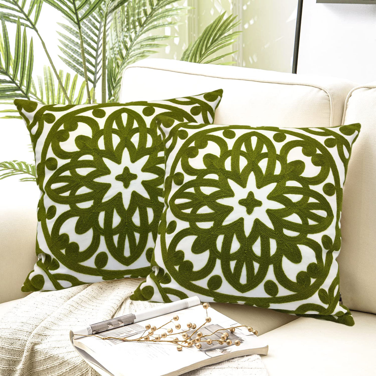 Boho Embroidered Throw Pillow Cover 18"x18" Set of 2 (Olive Green / 18" x 18" (Pack of 2))