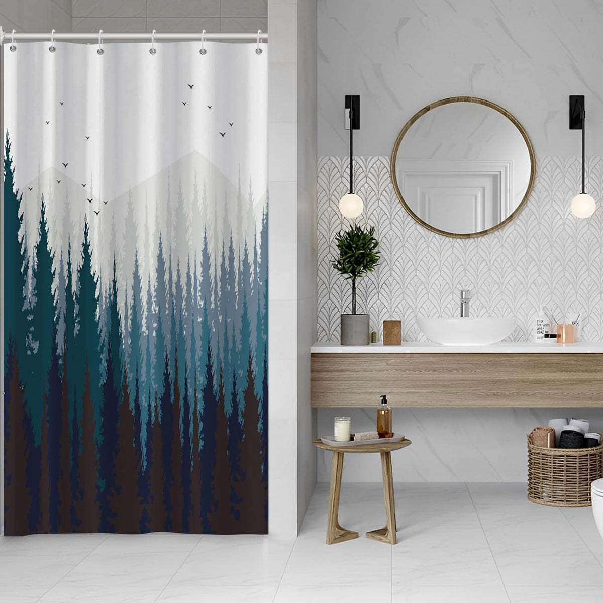 48x72inch Misty Forest Shower Curtain Fantasy Foggy Pine Tree Birds Landscape Woodland Natural Rustic Camper Bath Curtain Waterproof Fabric Polyester for Modern Home Bathroom Decor with Hooks (48"W x 72"L (Pack of 1) / Blue)