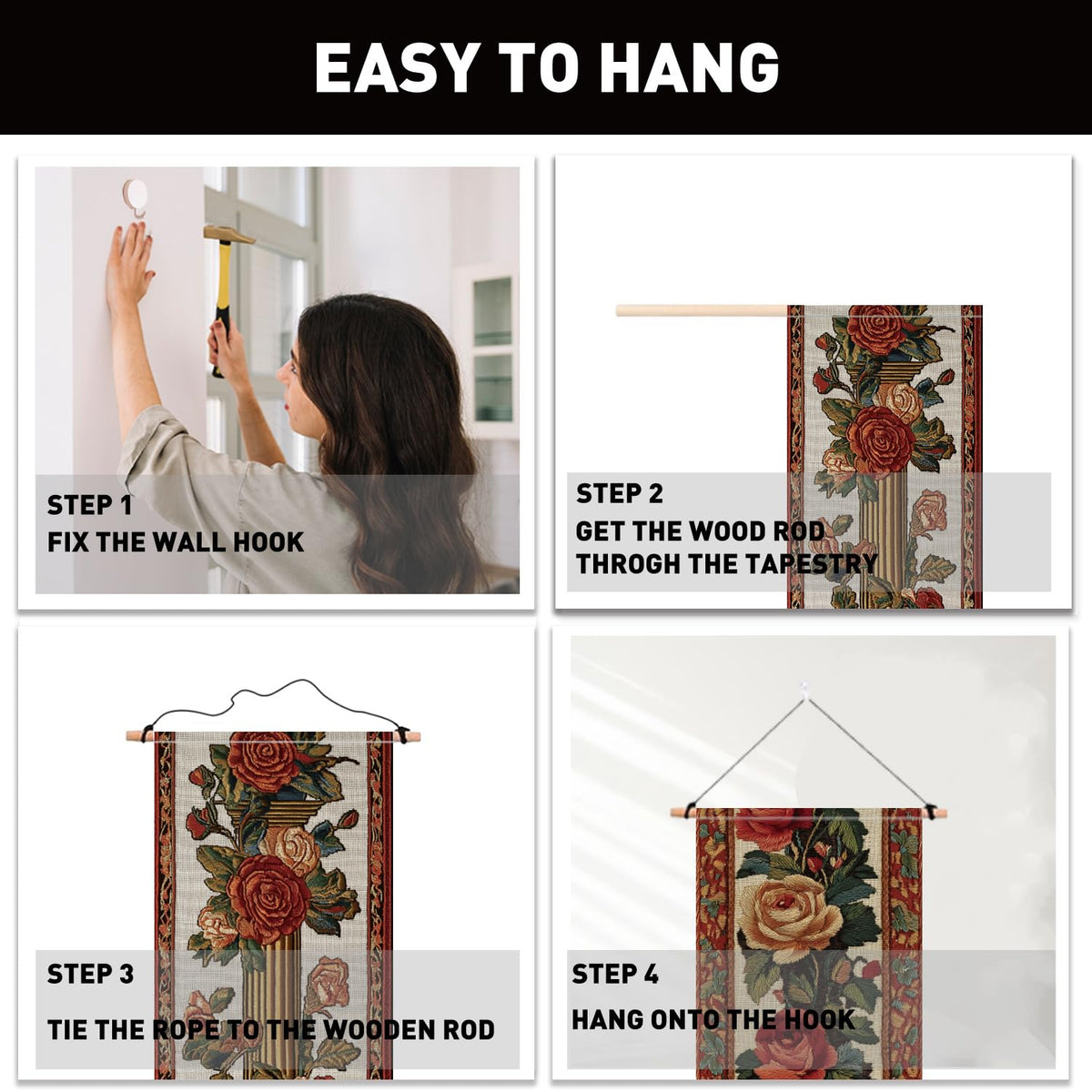2 Pack Vintage Floral Tapestry with Tassels (red,green)
