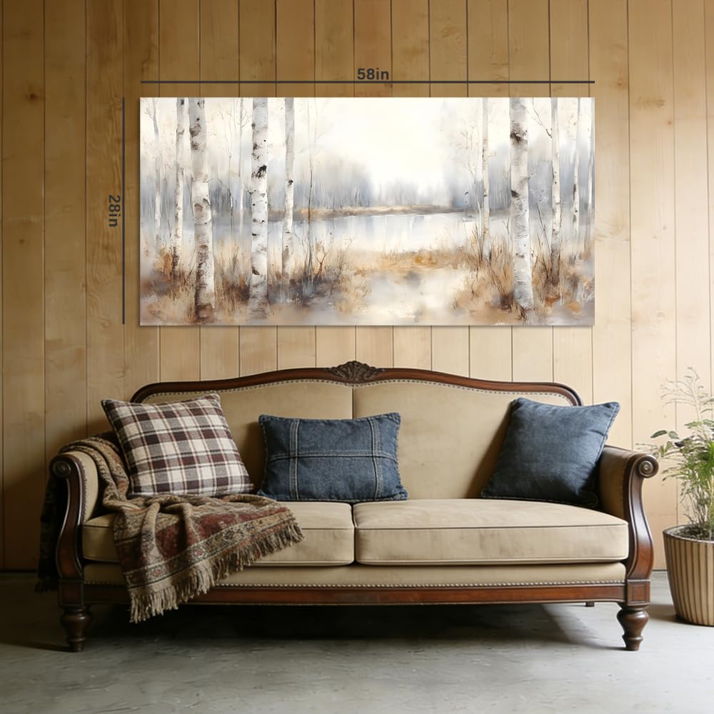 Misty Birch Tree Forest Canvas Wall Art Watercolor Lake Landscape Painting Flat Print Gallery Wrapped Nature Artwork for Living Room Bedroom Bathroom Decor (Mysterious / White Birch Forest 20 / 46"L x 23"W)