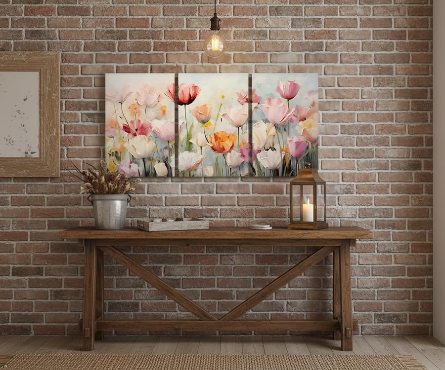 3 Piece Pink Tulip Canvas Wall Art Triptych (hua / 24"L x 16"W)