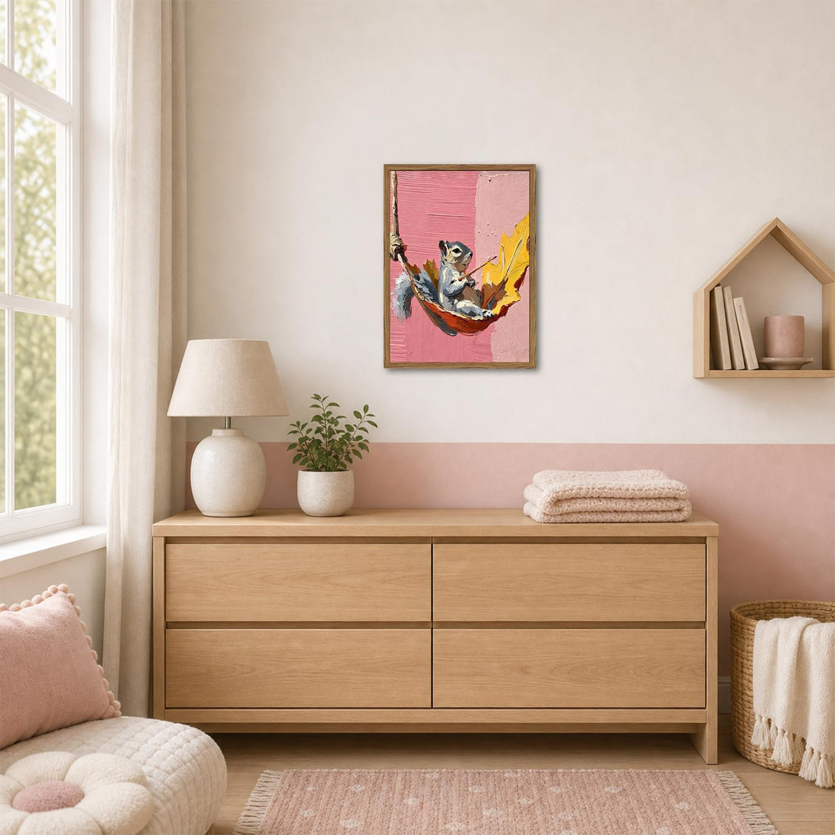 Cute Squirrel Wall Art Funny Woodland Animal Wall Decor Picture Whimsical Squirrel in Leaf Hammock Canvas Painting Print for Bedroom Living Kids Room Nursery 12x16 inch Wood Framed (Animal-A / 16"L x 12"W)