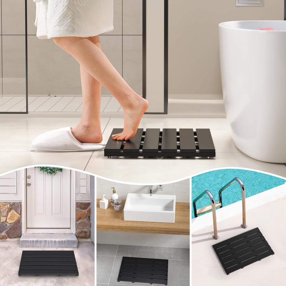 Wooden Bamboo Bath Shower Mat (Black / 21.3" x 14.2" (Rectangular))