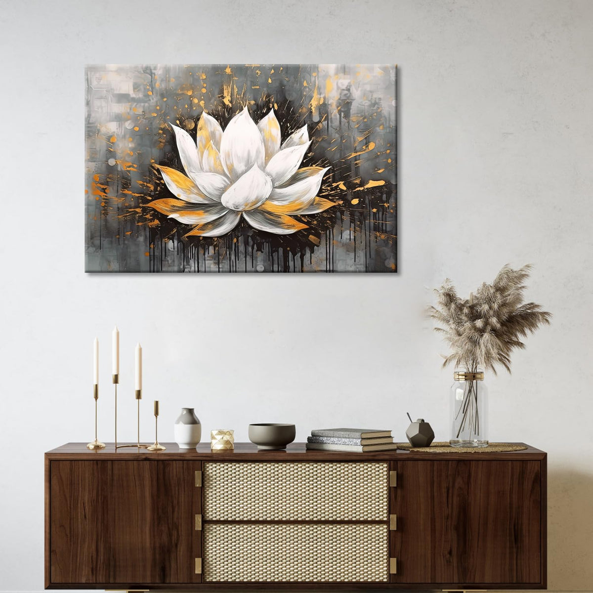 Zen Flower Wall Painting Decor White Golden Lotus Flower Print Picture Abstract Flower Artwork for Home Living Room Decoration Framed Gallery Wrapped (Lotus 05 / 36"L x 24"W)