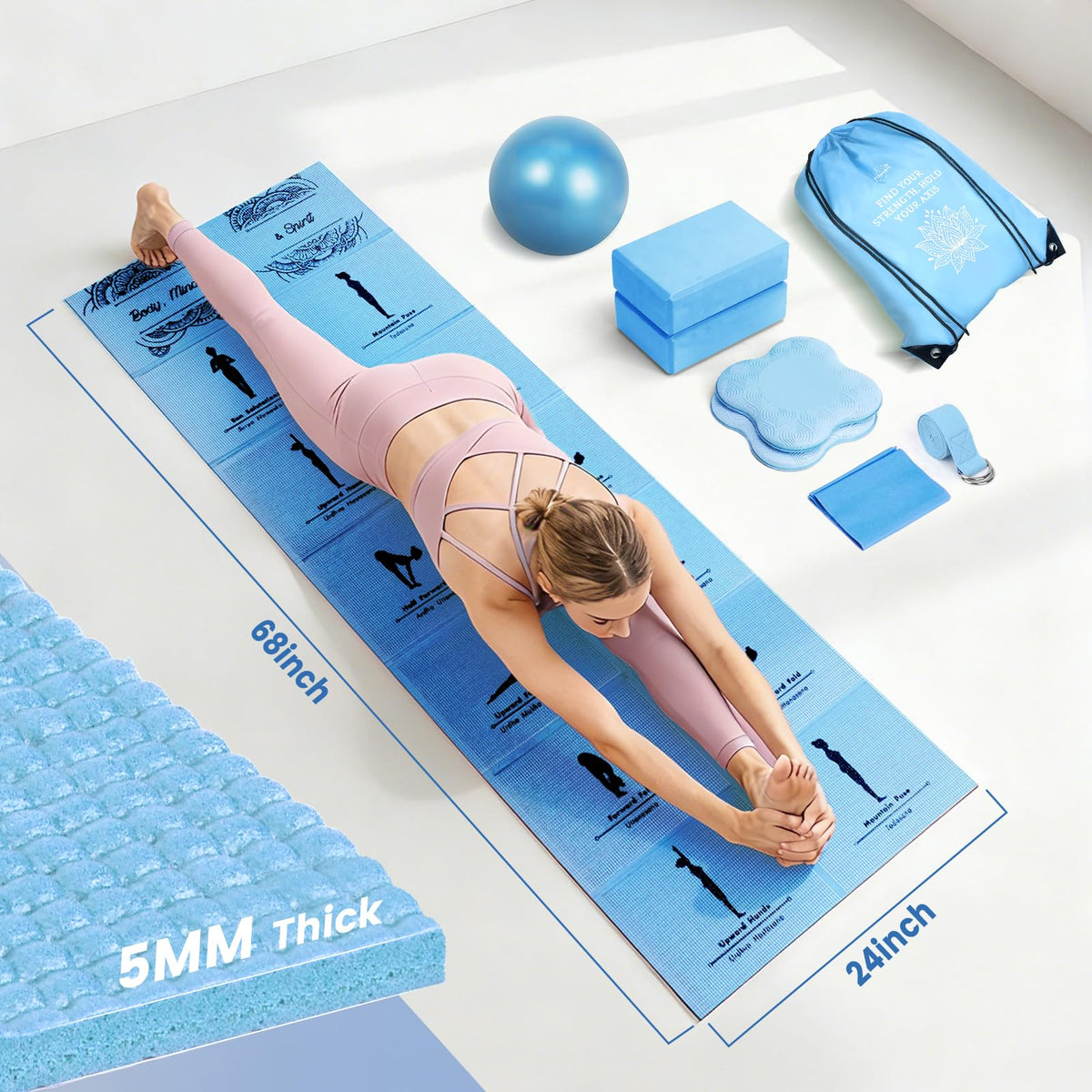 Foldable Non Slip Yoga Mat and Blocks Set for Women (Blue)