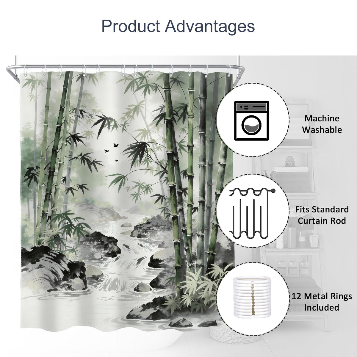 Bamboo Zen Spa Green Shower Curtain Leaves Nature Scenery 60Wx72L Inch (H-green / 60"W x 72"L (Pack of 1))