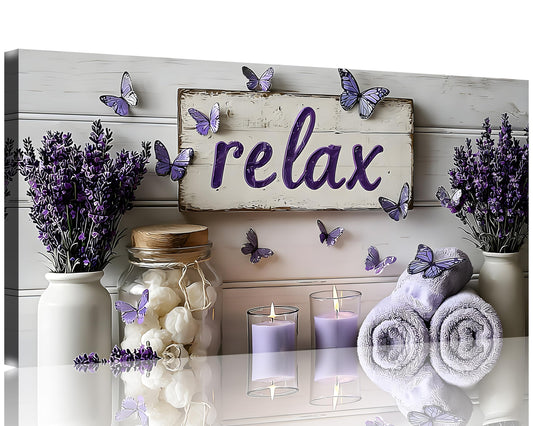 1 Panel Purple Wall Art Purple Bathroom Canvas Wall Decor Relax Soak Canvas Art Butterfly Floral Print Poster Artwork Bathroom Washroom Painting Pictures Ready to Hang 12"x24" (24"L x 12"W / Purple Flower 17)