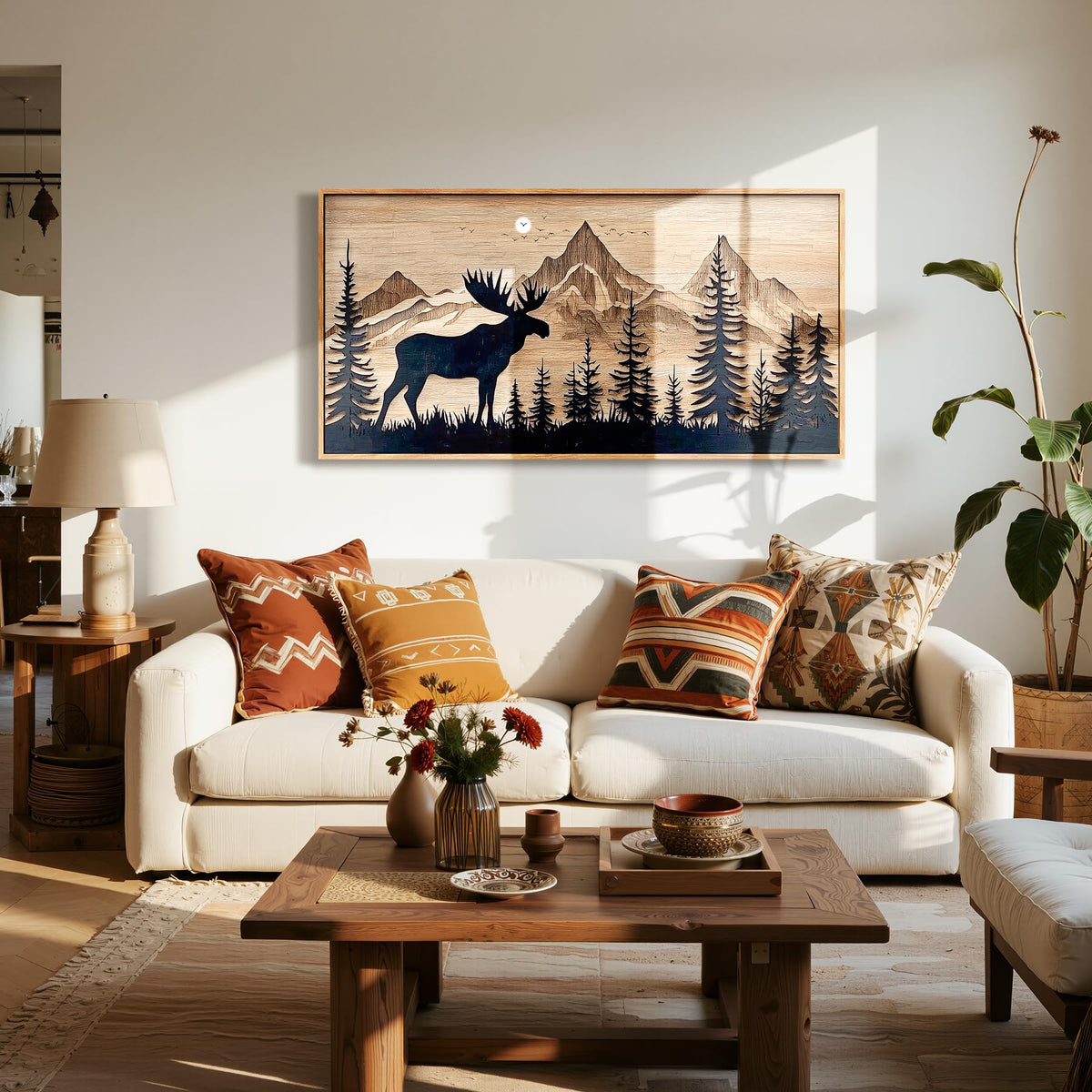 Deer Forest Cabin Wall Decor Large Framed Wall Art Neutral Print (Deer Mountain / 48"L x 24"W)