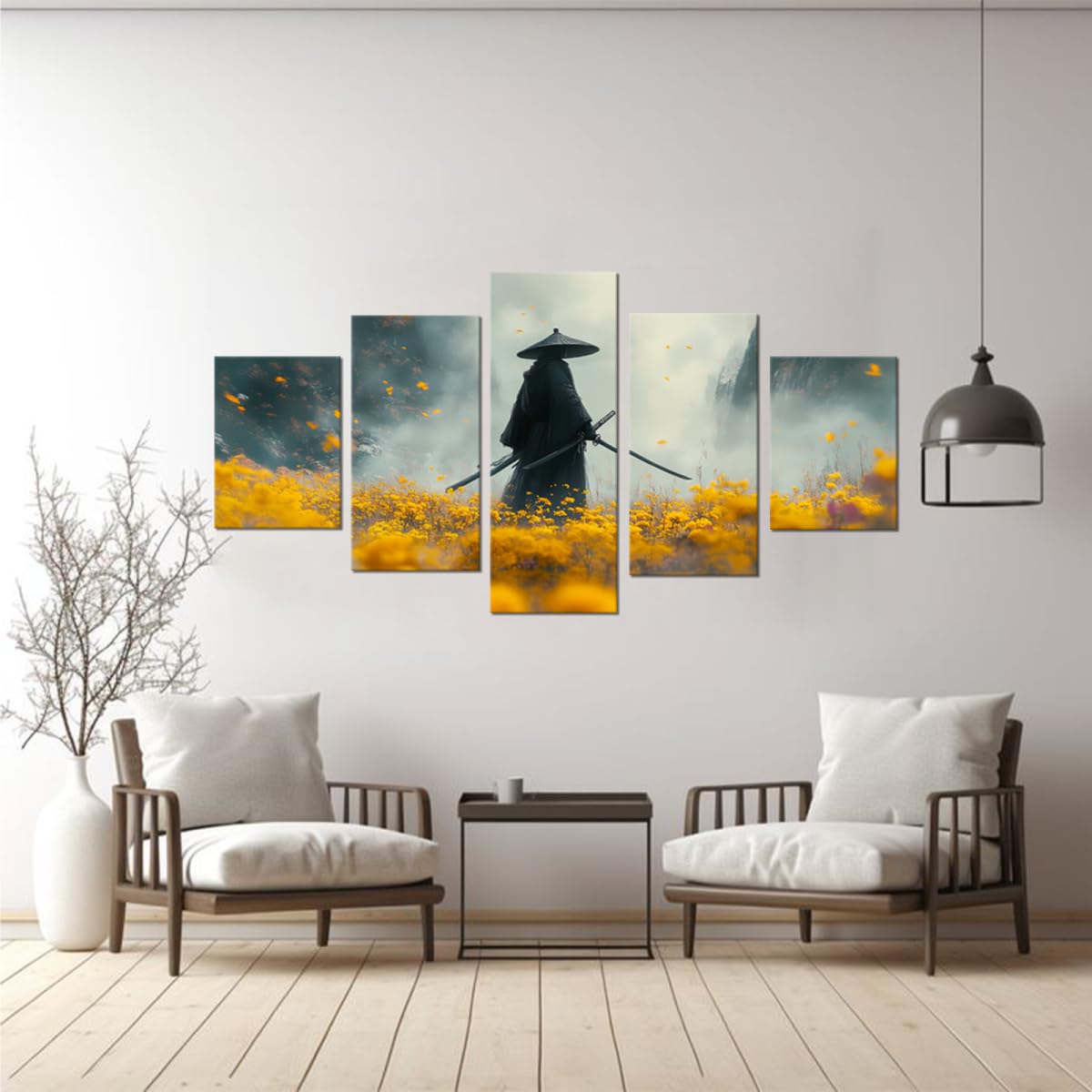 Japanese Samurai Wall Art Warrior Pictures Wall Decor Abstract Canvas Print Artworks for Living Room Bedroom Office Bathroom Master Yellow Framed 5 Piece (60"Wx40"H / Samurai 5P-8)