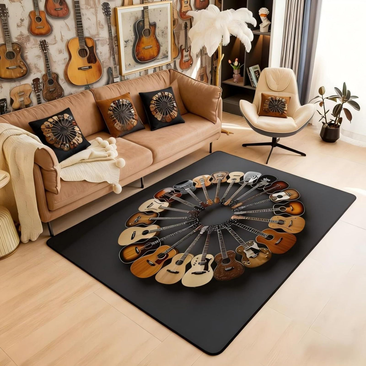 Round Guitar Area Rug 5x7 Musical Instruments (Black Brown Grey / 4'11" x 6'6" (Rectangular))