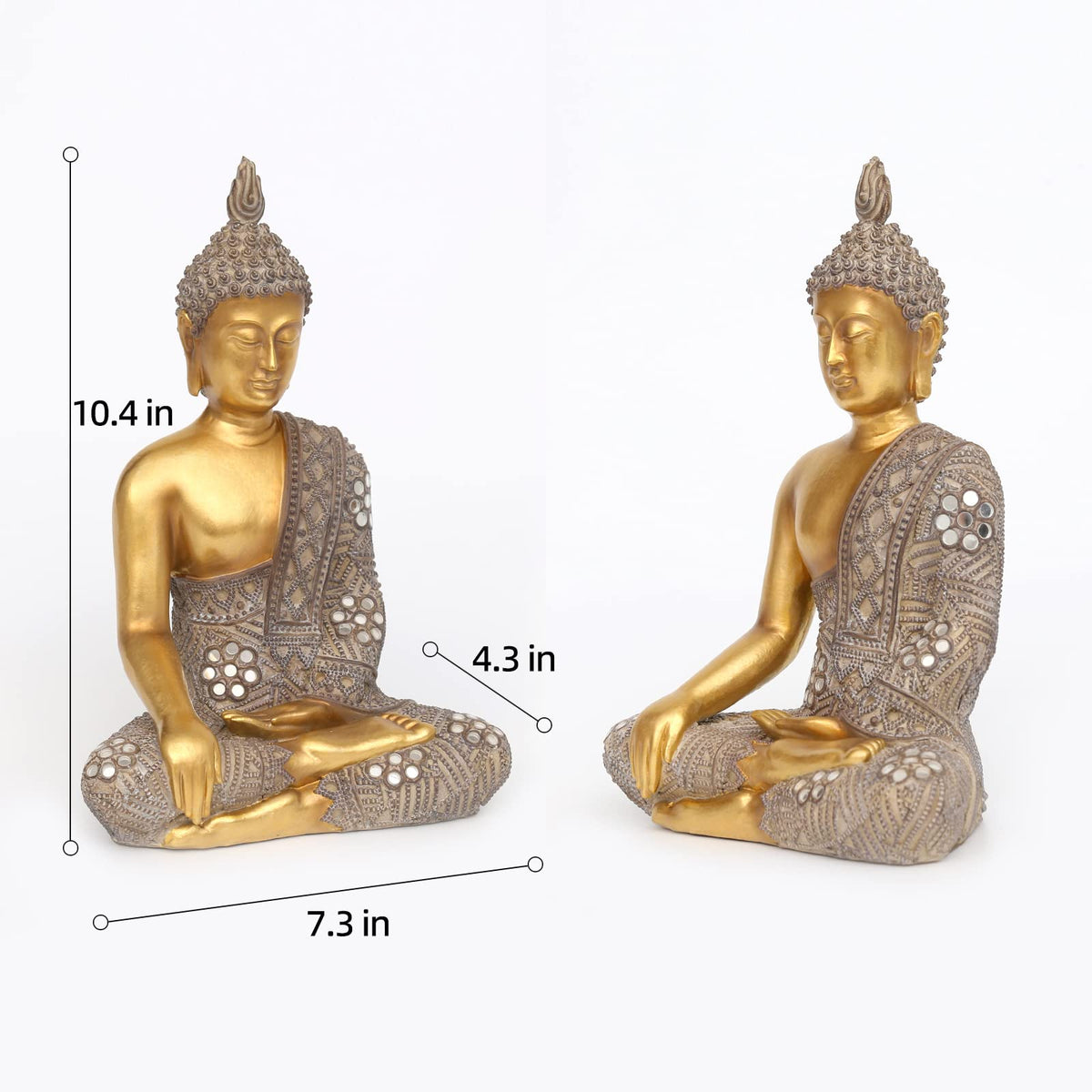 Buddha Statue for Home Decor Gold 10.4” (Gold Buddha Statue / 4.33" X 7.28" X 10.4")