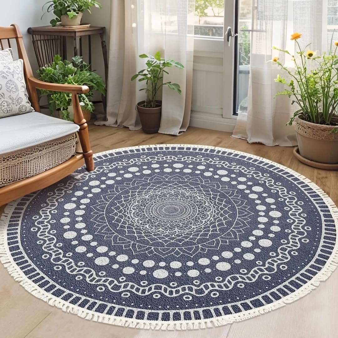 Boho Rug 4Ft Round Washable Carpet for Bedroom Farmhouse Hallway (Simple Grey / 4' (Round))