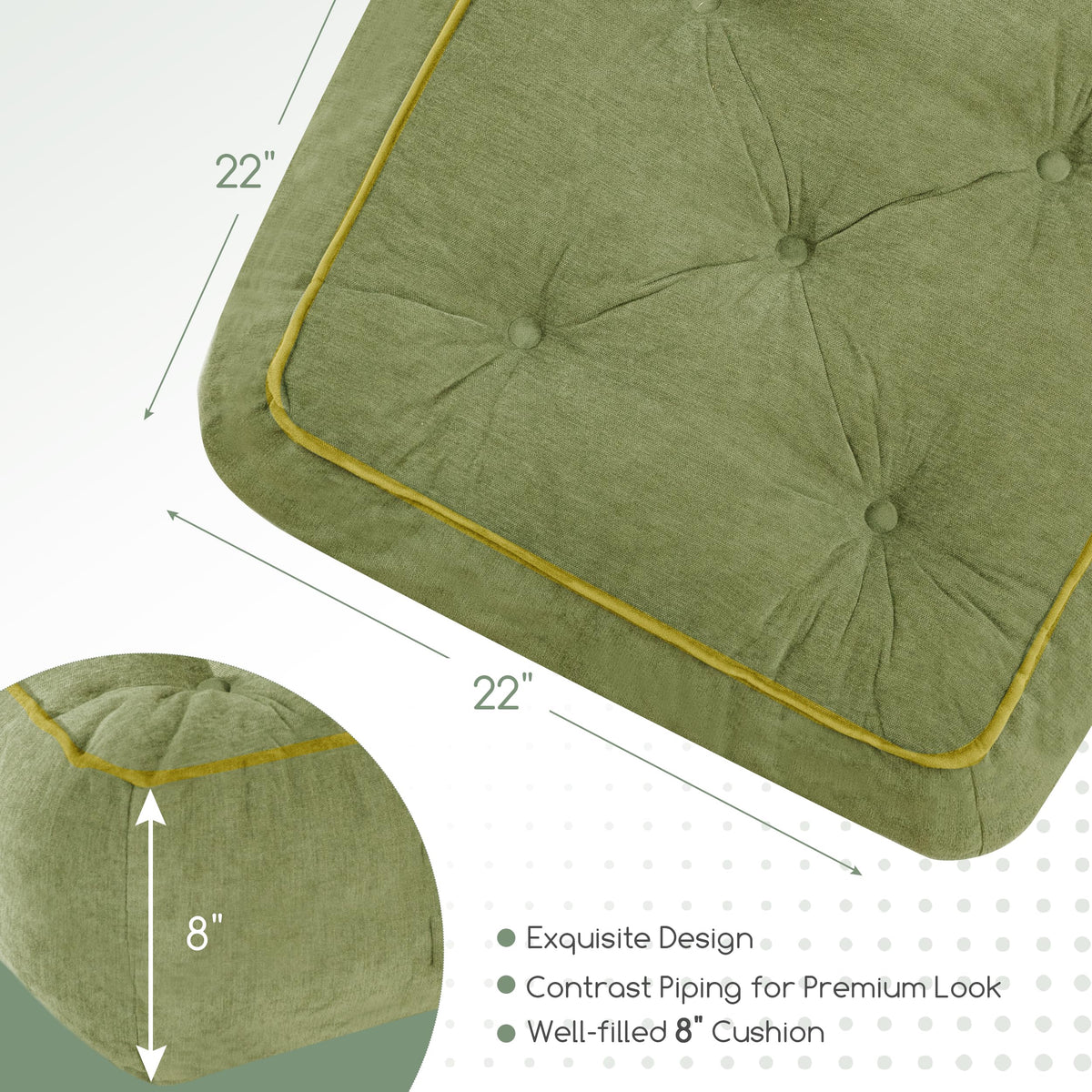 8" Extra Thick Floor Pillow Cushion for Adults (8" Thick(Pack of 1) / Square Green)