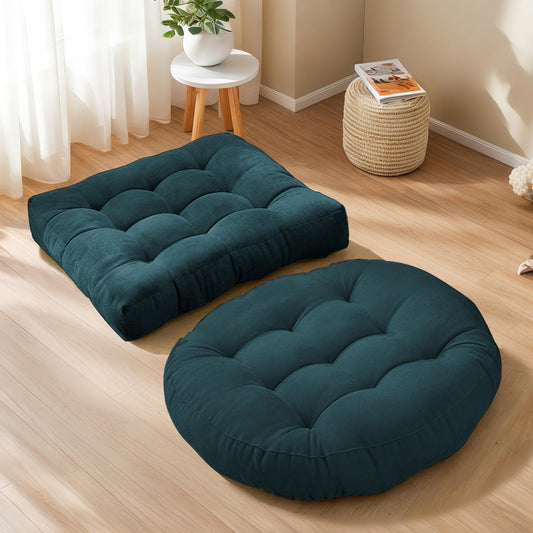 Floor Cushion Pillow Set of 2 Large Round and Square Floor Pillows for Adults Meditation Cushion Pillow Tufted Corduroy Cushions for Living Room Outdoor Yoga Tatami Fireplace (Blue)