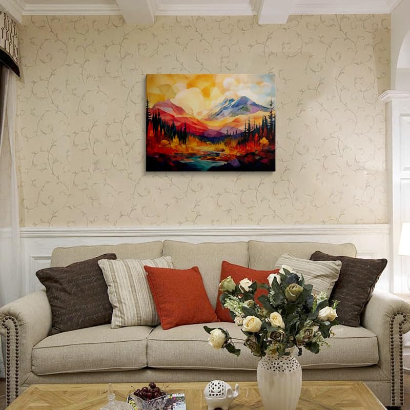 Abstract Mountain Sunset Canvas Wall Art Framed Print Color Block Painting Geometric Peaks with Forest River in Vibrant Warm Cool Tones Modern Nature Wall Decor Artwork 16x24 Inches (Red Mountain Scenery / 24"L x 16"W)