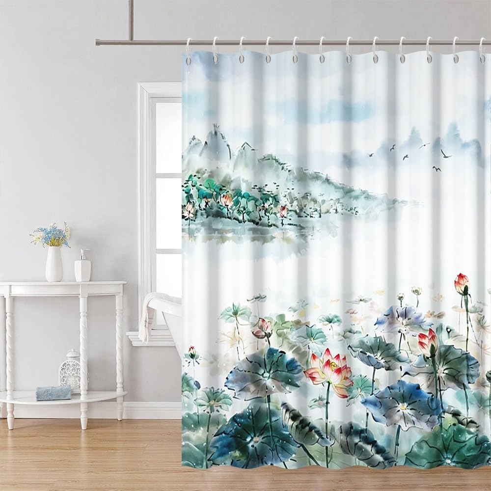 Watercolor Lotus Shower Curtain Flower Plant Mountain River Wild Goose Bathroom Curtains Chinese Pastoral Landscape Ink Painting Lotus Green Decorative Fabric Shower Curtain Set with Hooks 70x72 Inch (70"W x 72"L (Pack of 1) / Green-12)