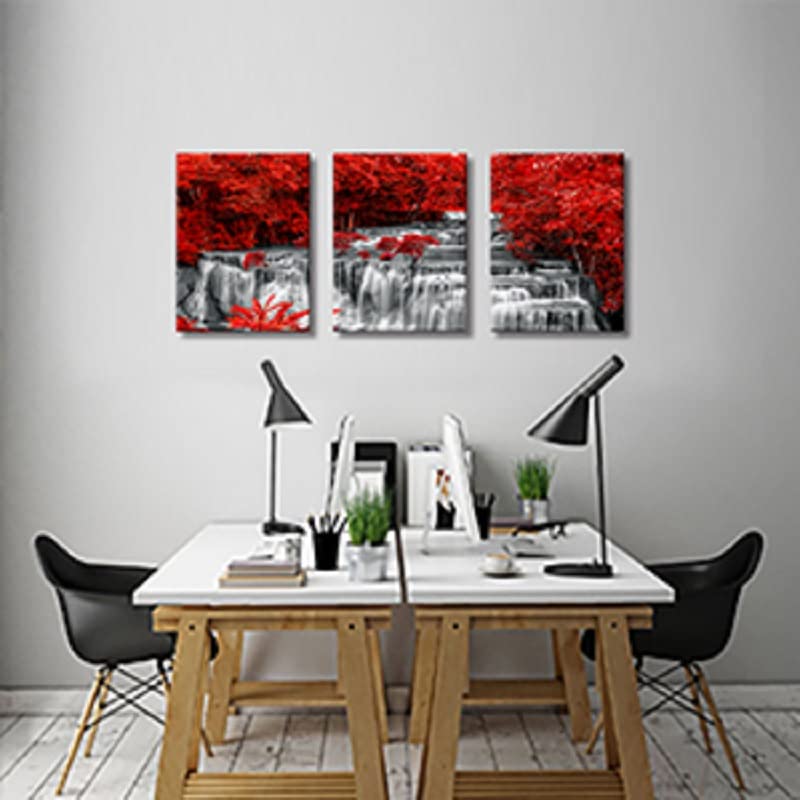 Black White and Red Waterfall Canvas Wall Art Trees Forest Painting Landscape Artwork for Wall Picture Waterfall Prints for Bedroom Living Room Decor Bathroom Wall Art (Black White Red3 / 12"x16"inches x 3 pcs)