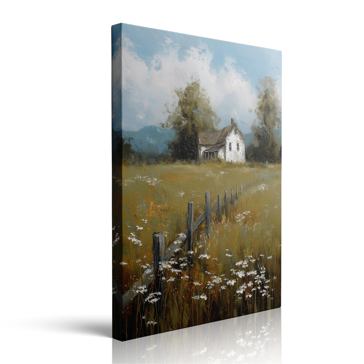 Calming Country Farmhouse Canvas Wall Art Framed Serene Landscape Painting White Farmhouse Wooden Fence Wildflowers Vintage Style Textured Brushstrokes Wall Decor Artwork Poster 16x24 Inches (wooden house / 24"L x 16"W)
