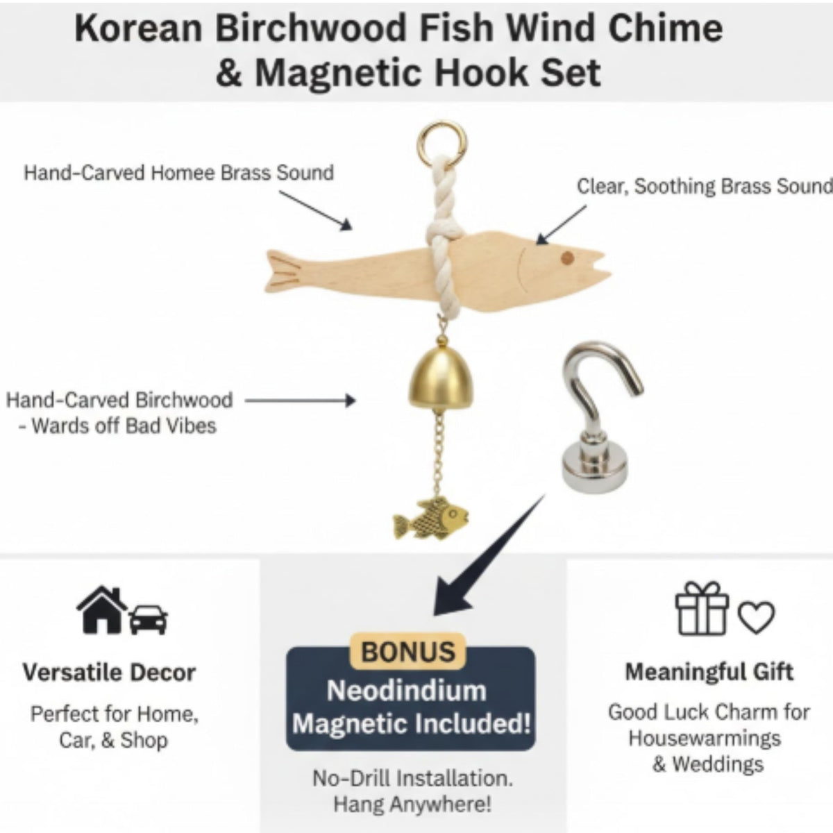 Korean Traditional Birchwood Fish Wind Chime with Strong Magnetic Hook (Small)