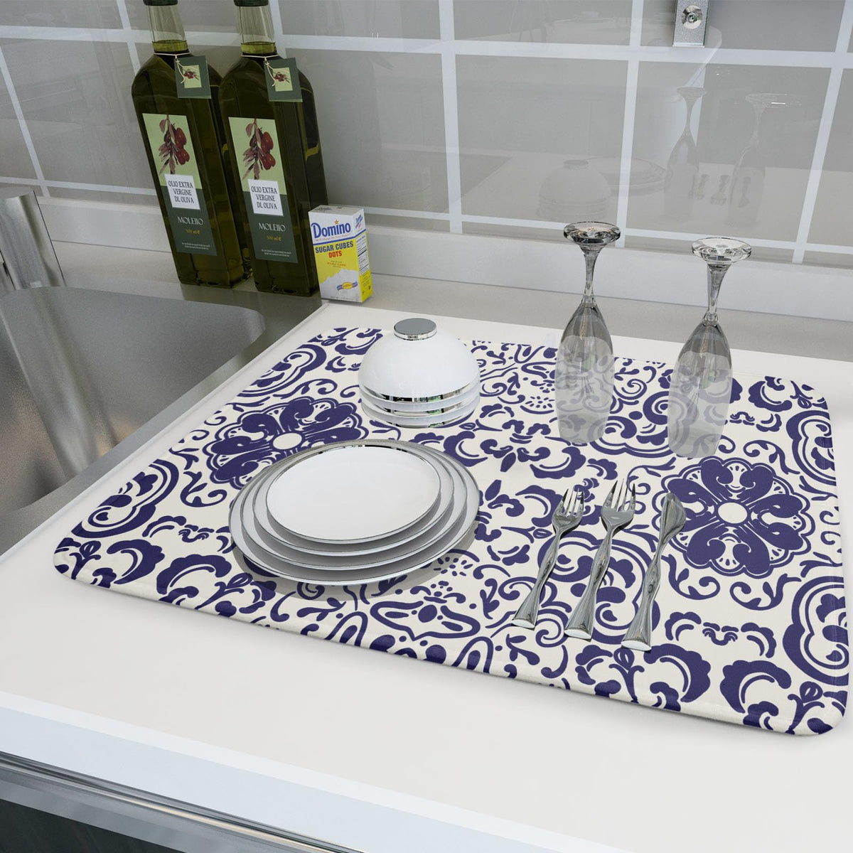 Boho Ethnic Design Dish Drying Mat for Kitchen Counter (Blue Boho Mandala230807 / 18" x 24")