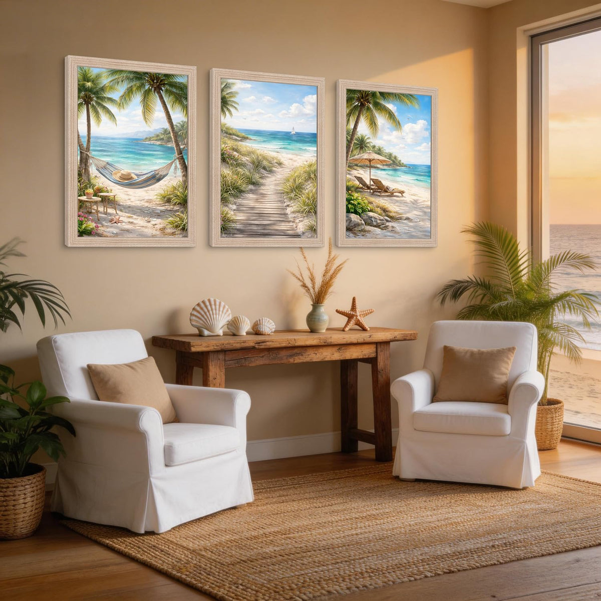 3Pcs Framed Beach Themed Art Canvas Painting Coastal Poster Ocean Image Tropical Palm Tree Print Seaside Gallery Wall Decoration Living Room Bedroom Bathroom 12x16 Inches Ready To Hang (Beach Scenery - 1 / 12x16in)