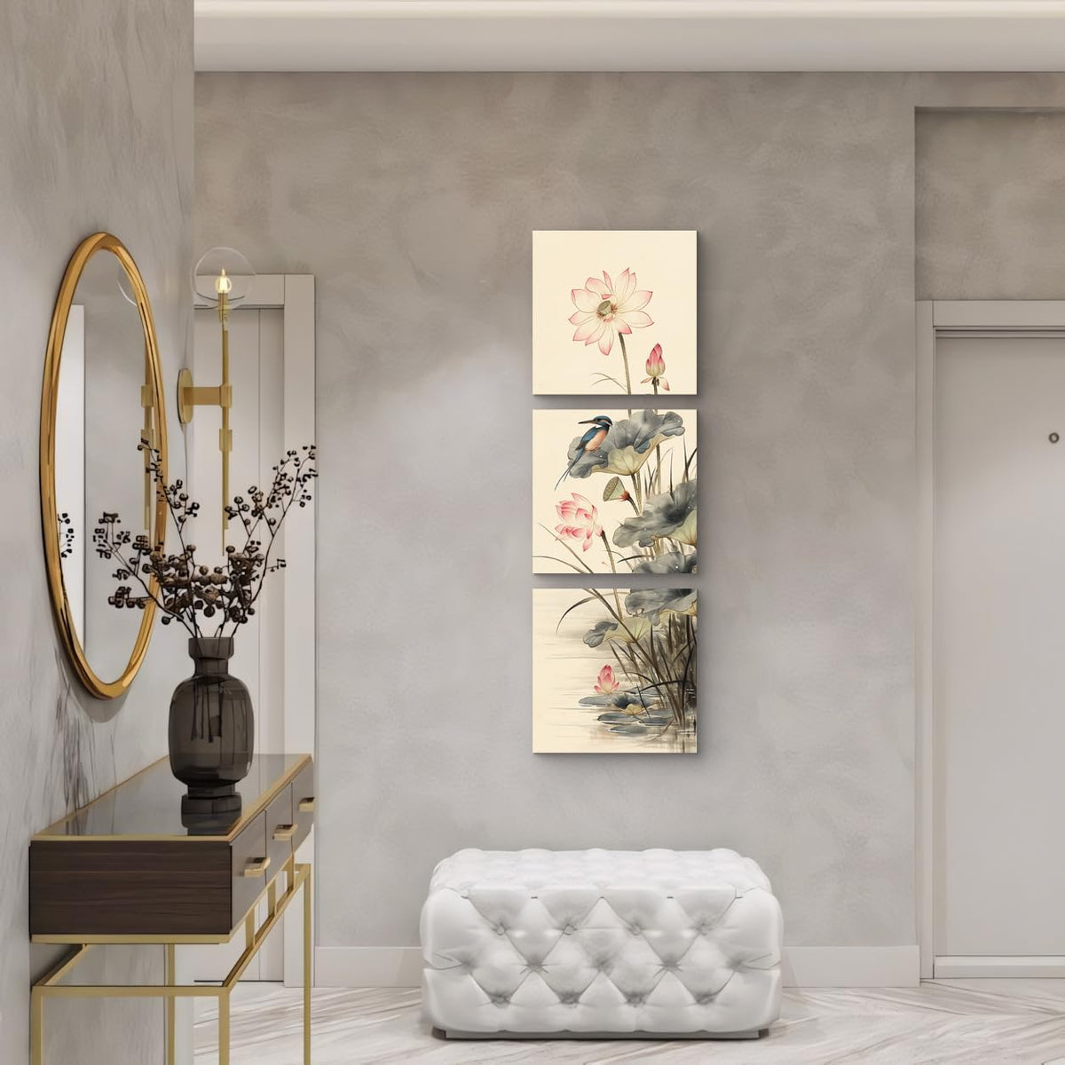 3Pcs Traditional Chinese Lotus Flower Kingfisher Canvas Wall Art Print Pink Blooming Lotus Asian Pictures Prints for Living Room Bedroom Bathroom Decor Zen Botanical Artwork Ready to Hang (Lotus and Kingfisher / 16x16inchx3)