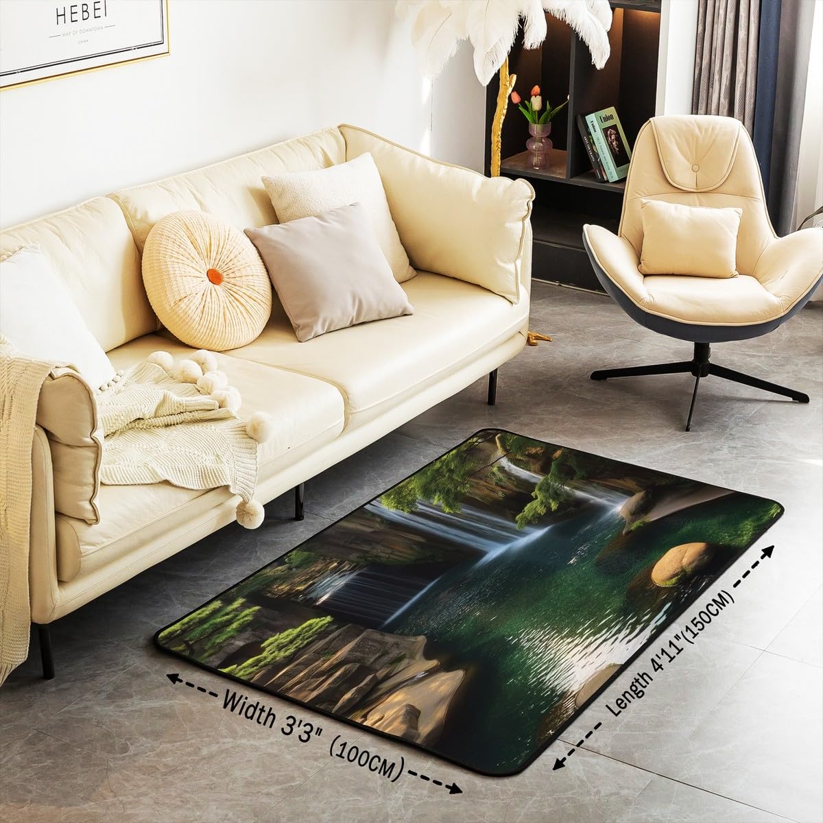 Waterfall 3 x 5 Area Rug Lake Cascade Scenery Rugs for Living Room (Green Brown / 3'3" x 4'11" (Rectangular))