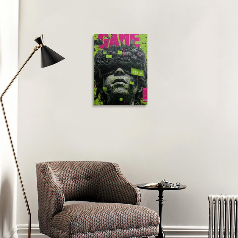 Cyberpunk Gamer Wall Art Canvas Framed Print Pixel Face Cityscape with Neon Pink Green GAME LEVUP Text Futuristic Glitch Art Wall Decor Artwork for Game Room Bedroom Office 12x16 Inches (game / 16"L x 12"W)