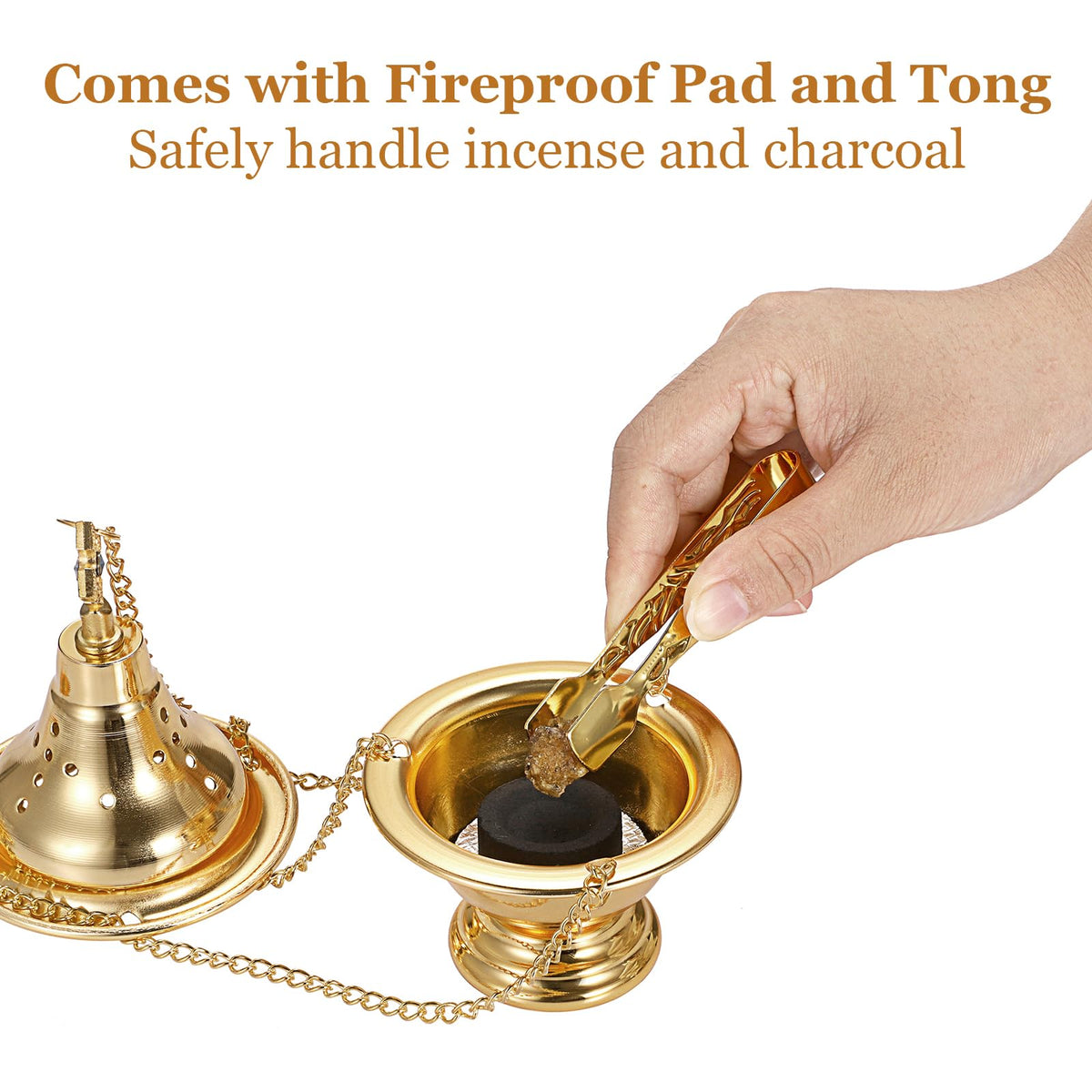 Vintage Hanging Charcoal Incense Resin Burner with Chain and Tongs (Gold)