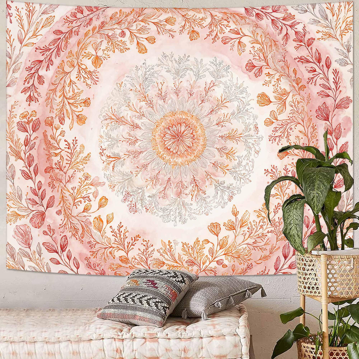 Watercolor Floral Mandala Tapestry (90"L x 70"W / Orange White)