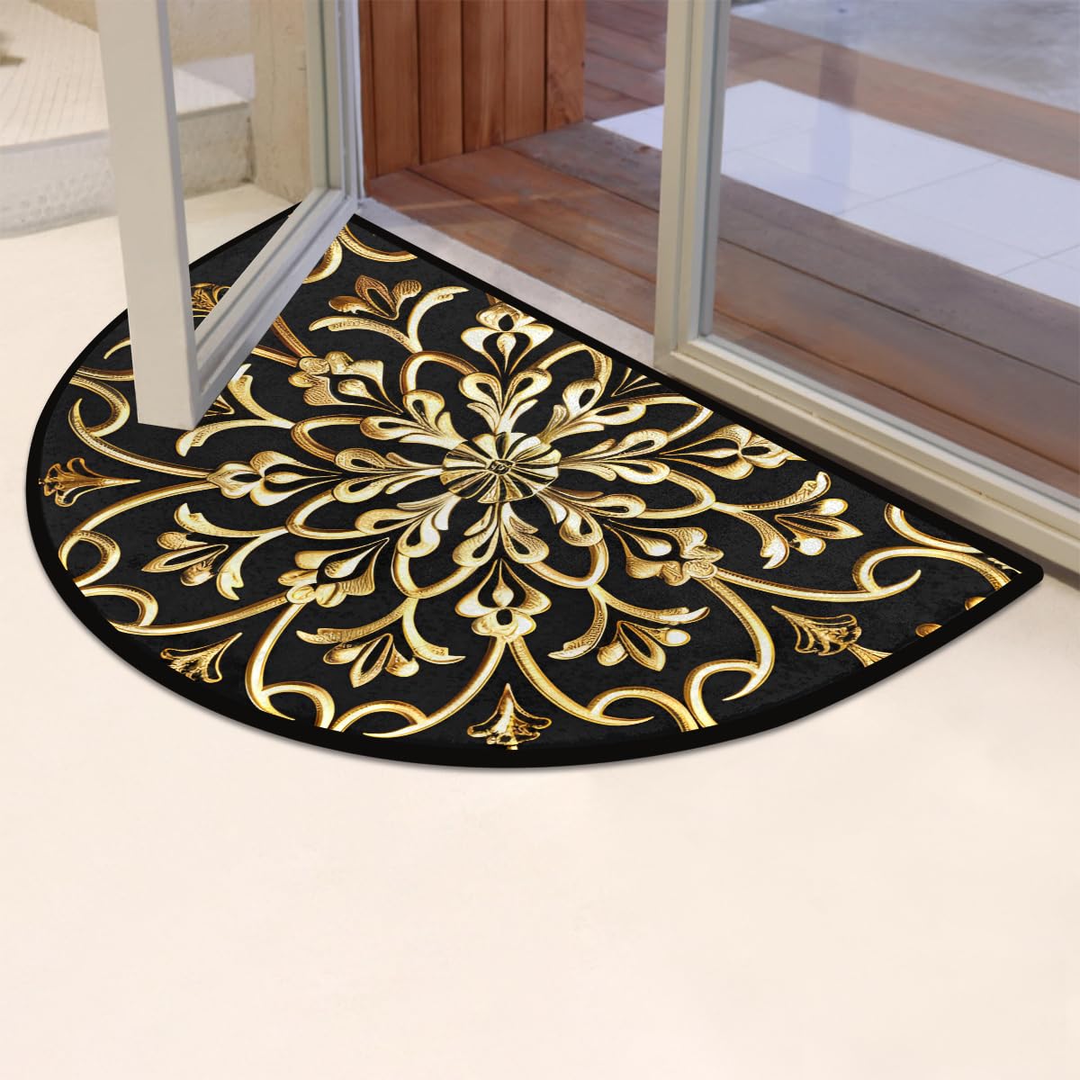 Golden Mandala Half Round Door Mat Semi Moon Rug Fireplace Carpet Area Rugs (A:a-1)