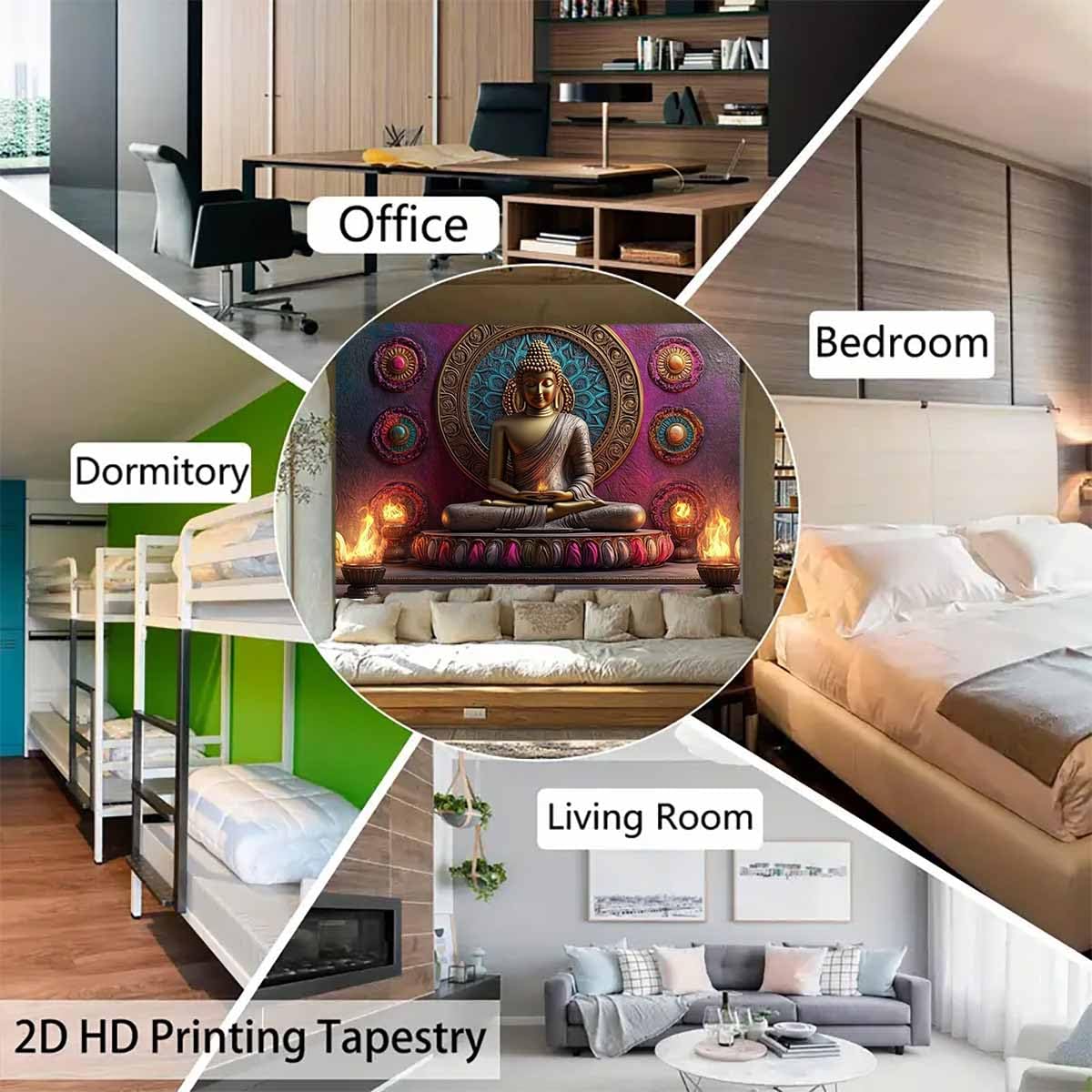 Vintage Meditation Tapestry Gloden Buddha Zen Happiness Wall Hanging Large Tapestries Psychedelic Buddhist Poster Decorations Bedroom Living Room Dorm (Red / 59"L x 39"W)
