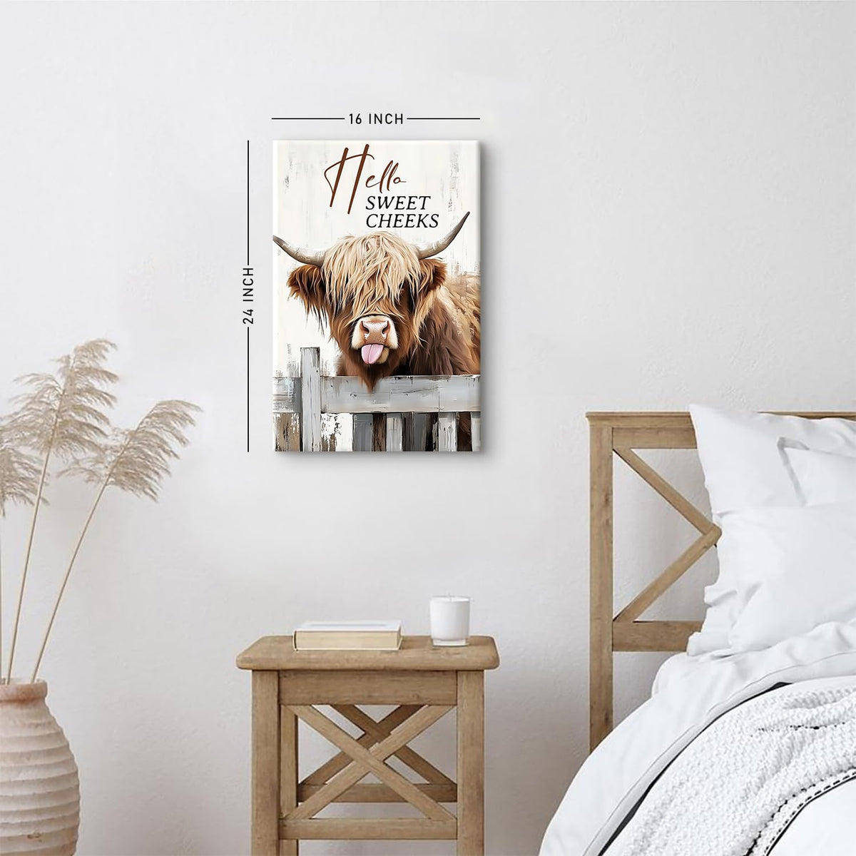 Highland Cow Canvas Wall Art Hello Sweet Cheeks Bathroom Decor Funny Cute Cow Picture Prints Poster Farmhouse Longhorn Wall Decor Rustic Wild Animals Paintings Country Home Decorations 16x24" (24"L x 16"W / Funny Cow02)